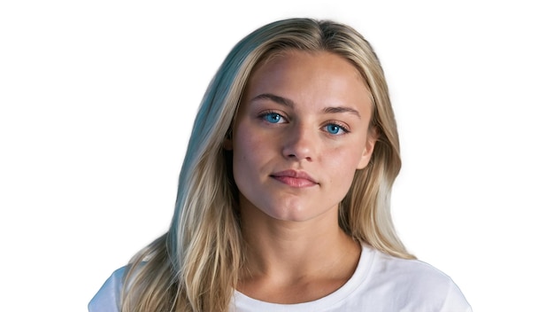 a woman with blue eyes and a white shirt is posing for a photo