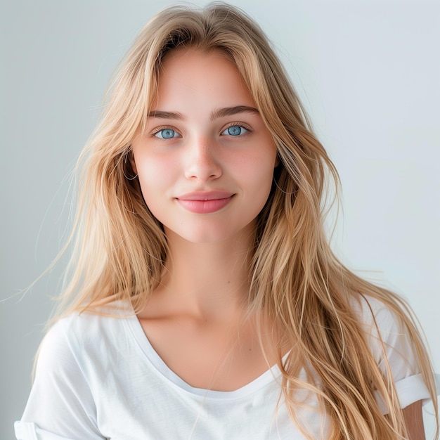 a woman with blue eyes and a white shirt that says quot she is wearing a white shirt quot