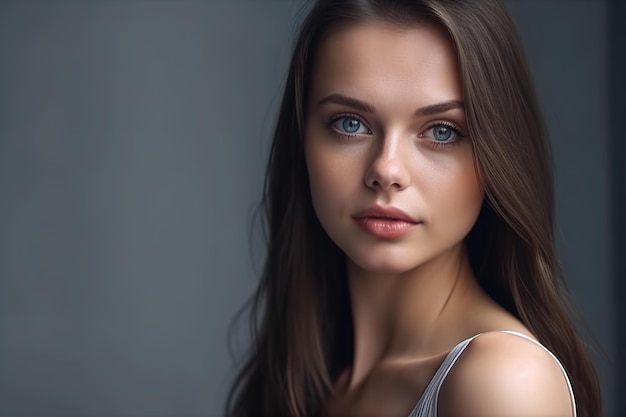 A woman with blue eyes and a white tank top