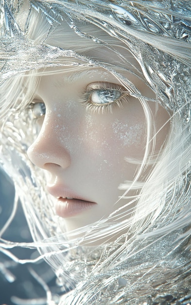 a woman with a blue eyes and a white veil on her face