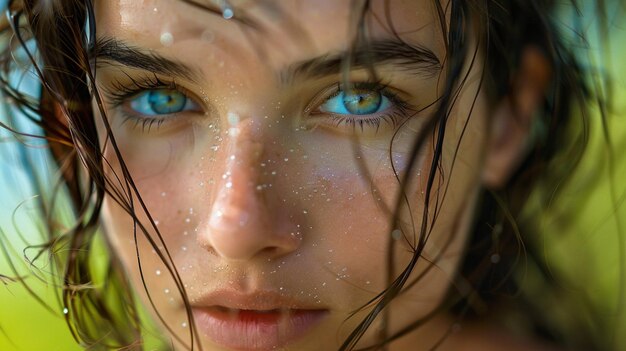 a woman with blue eyes and the word  on her face