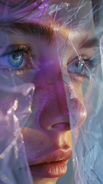 Woman with blue eyes wrapped in plastic