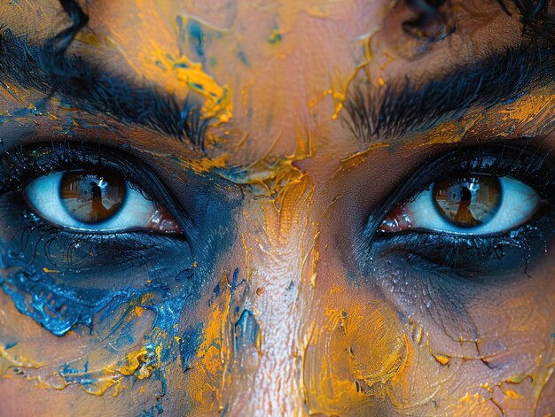 a woman with blue eyes and a yellow and blue paint on her face