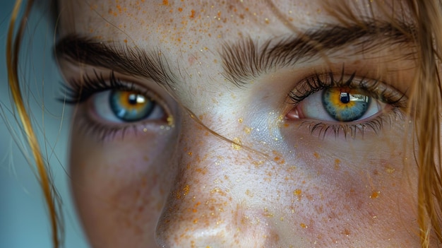 a woman with blue eyes and yellow eyes has the word  on her face