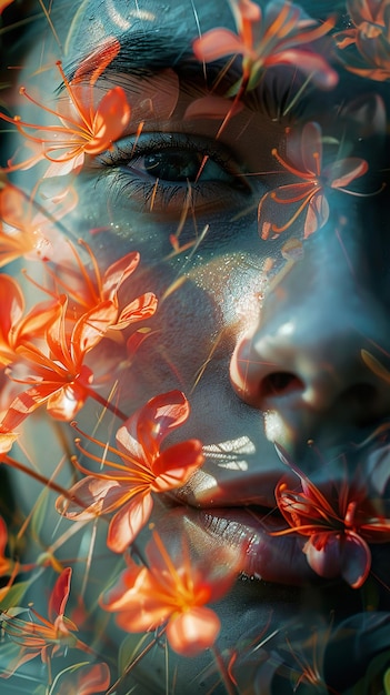 a woman with a blue face and flowers in the foreground