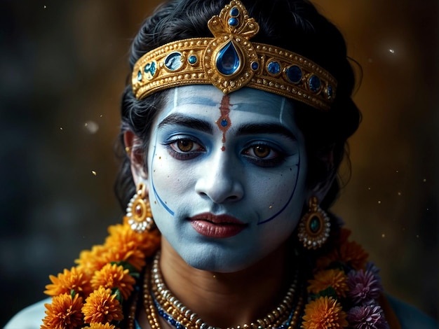 a woman with a blue face and a gold crown on her face