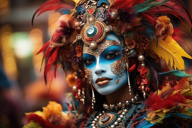 a woman with blue face paint and colorful feathers