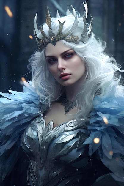 A woman with a blue feathered crown and a silver crown