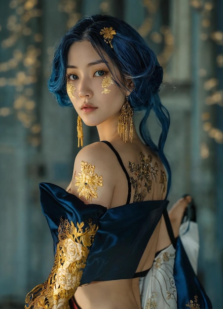 a woman with blue hair and a black dress with gold embroidery on the back