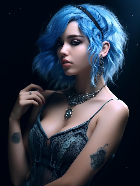 a woman with blue hair and a black headband is posing with a tattoo of a woman with blue hair