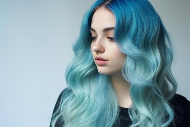 A woman with blue hair and a black shirt with blue hair