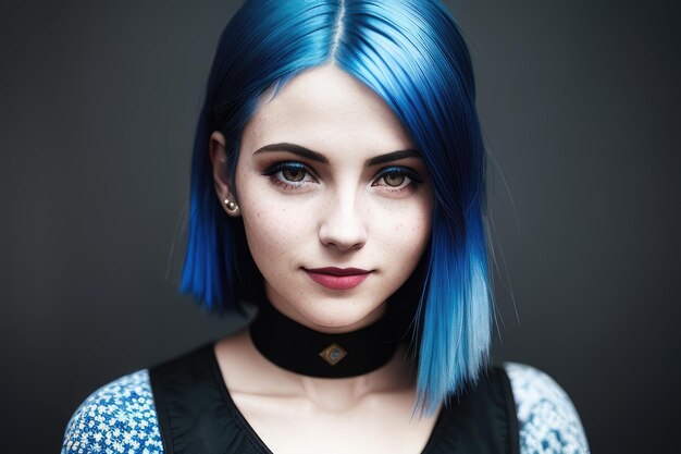 A woman with blue hair and a black shirt