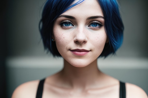 A woman with blue hair and a black tank top