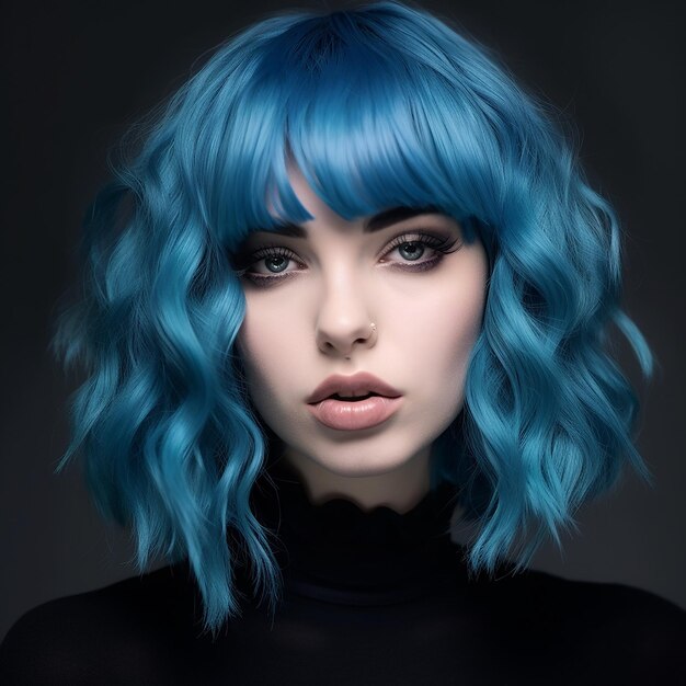 a woman with blue hair and a black turtleneck