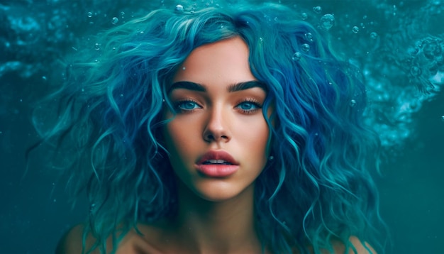 A woman with blue hair and blue eyes is shown in an underwater portrait.