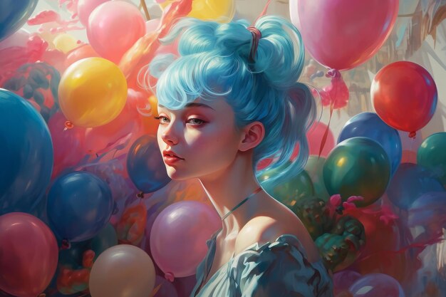 A woman with blue hair and a blue hair is surrounded by balloons.