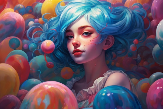 A woman with blue hair and blue hair is surrounded by balloons.