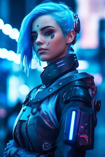 A woman with a blue hair and a blue hair wearing a futuristic outfit.