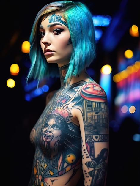 A woman with blue hair and a blue hair with a face on her chest.