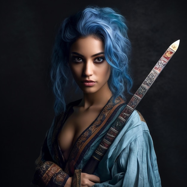 a woman with blue hair and a blue hair with a sword