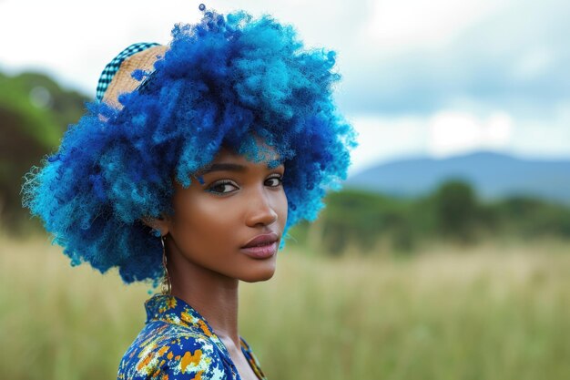 A woman with blue hair and a blue hat is standing in a field