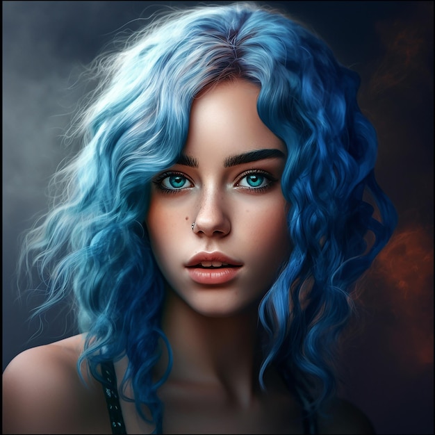 a woman with blue hair and a blue shirt has a blue hair with a blue eyes