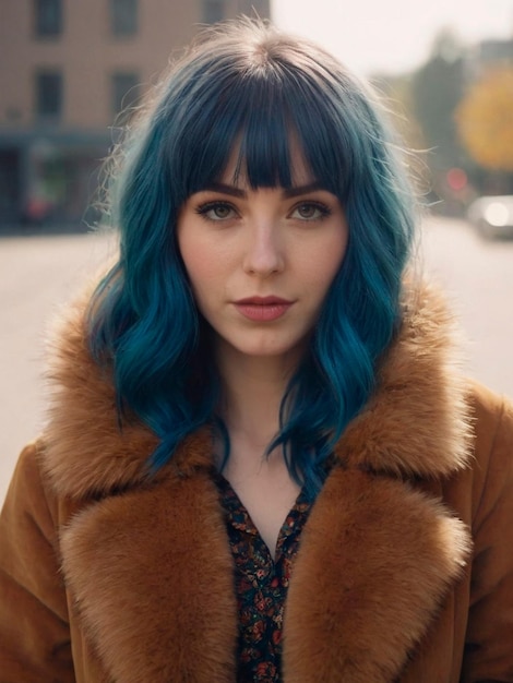 Woman with blue hair and brown coat