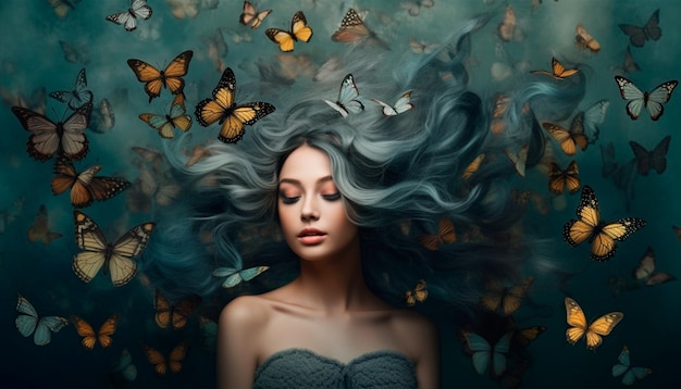 A woman with blue hair and butterflies on her head