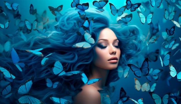 A woman with blue hair and butterflies on her head