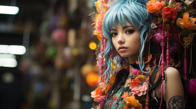 A woman with blue hair and flowers in her hair Generative AI