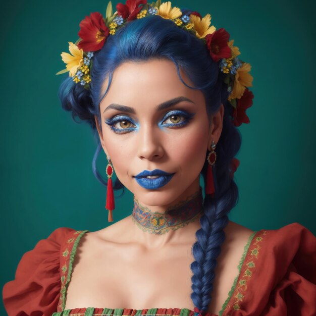 A woman with blue hair and flowers on her head Latin traditional dress