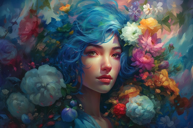 A woman with blue hair and flowers on her head