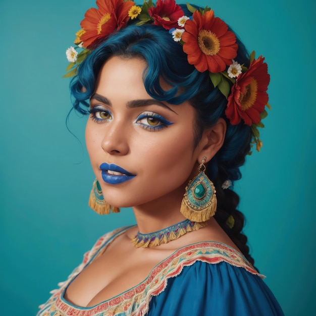 A woman with blue hair and flowers on her head