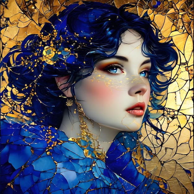 a woman with blue hair and a gold necklace is framed by a blue and gold beaded necklace