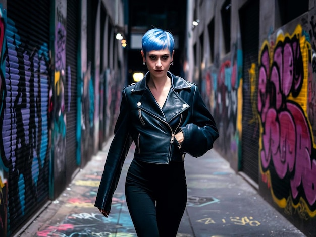 Photo a woman with blue hair is walking down a tunnel with graffiti on the wall