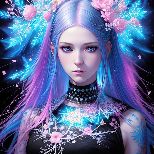 A woman with blue hair and pink flowers on her head