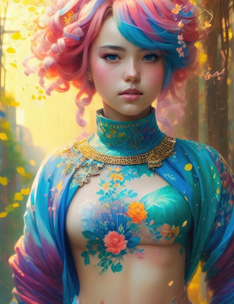 A woman with blue hair and pink hair is standing in a forest.