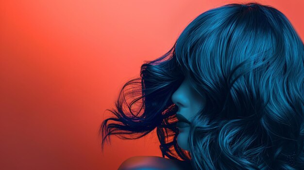 Photo a woman with blue hair and a red background