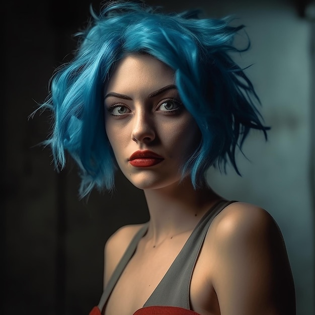 a woman with blue hair and a red lip is standing in front of a wall