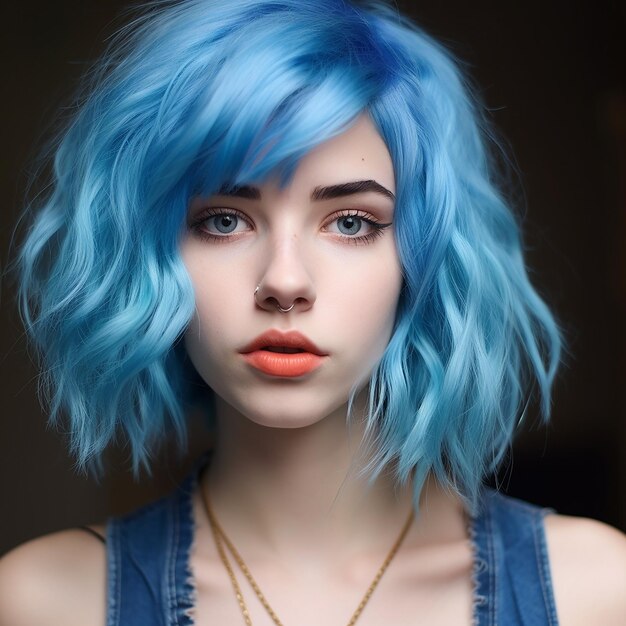 a woman with blue hair and a red lip