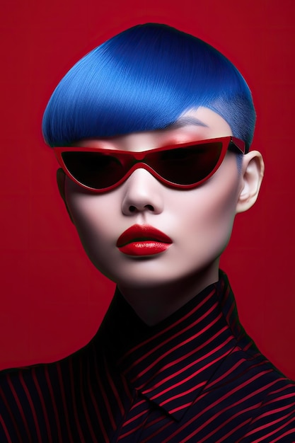 A woman with blue hair and red sunglasses