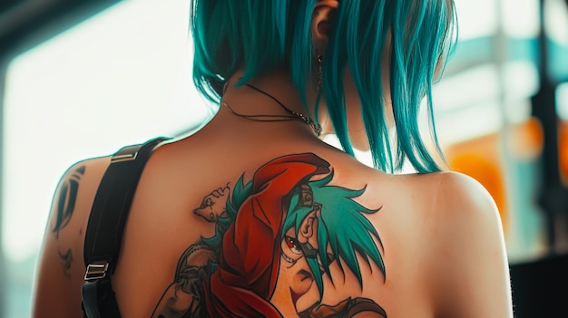 a woman with a blue hair style tattoo on her back