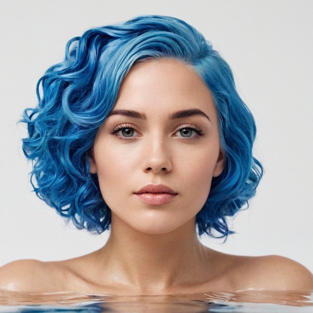 a woman with blue hair in the water with a picture of a woman in the water