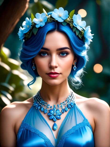 Woman with blue hair wearing blue dress and blue flower crown