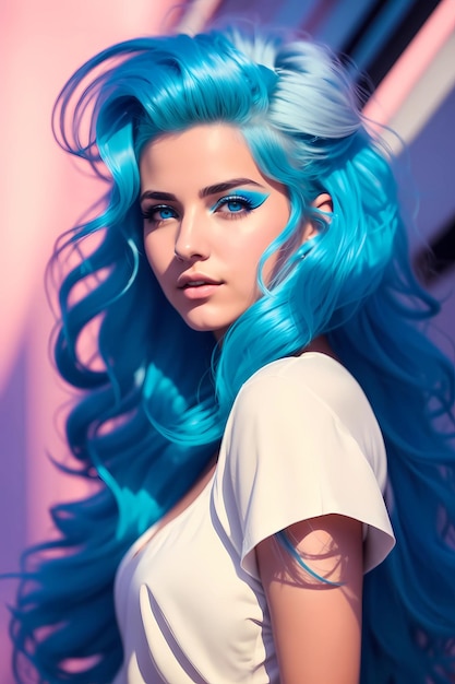 A woman with blue hair a white top and blue makeup