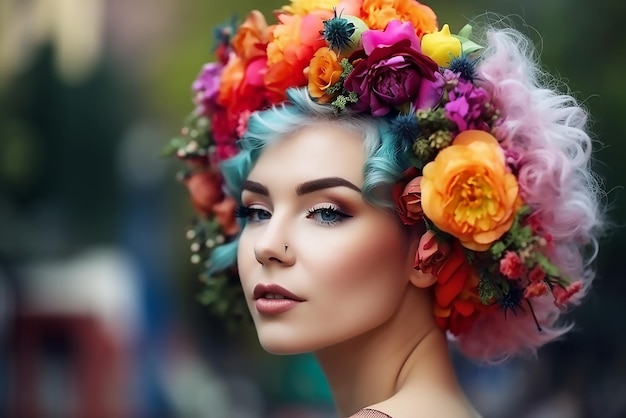 A woman with blue hair with a flower crown on her head