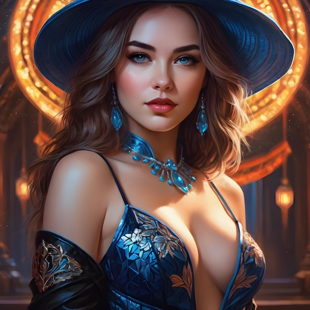 a woman with a blue hat and a blue dress with a red lips and a blue hat with a gold flower on the