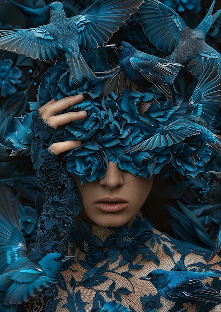 Photo a woman with a blue hat and blue feathers is covered in feathers