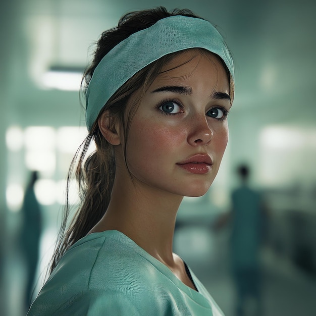 Photo a woman with a blue headband is standing in a room with other people