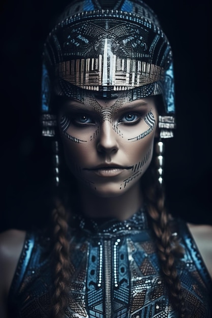 A woman with a blue headdress and a silver headdress.